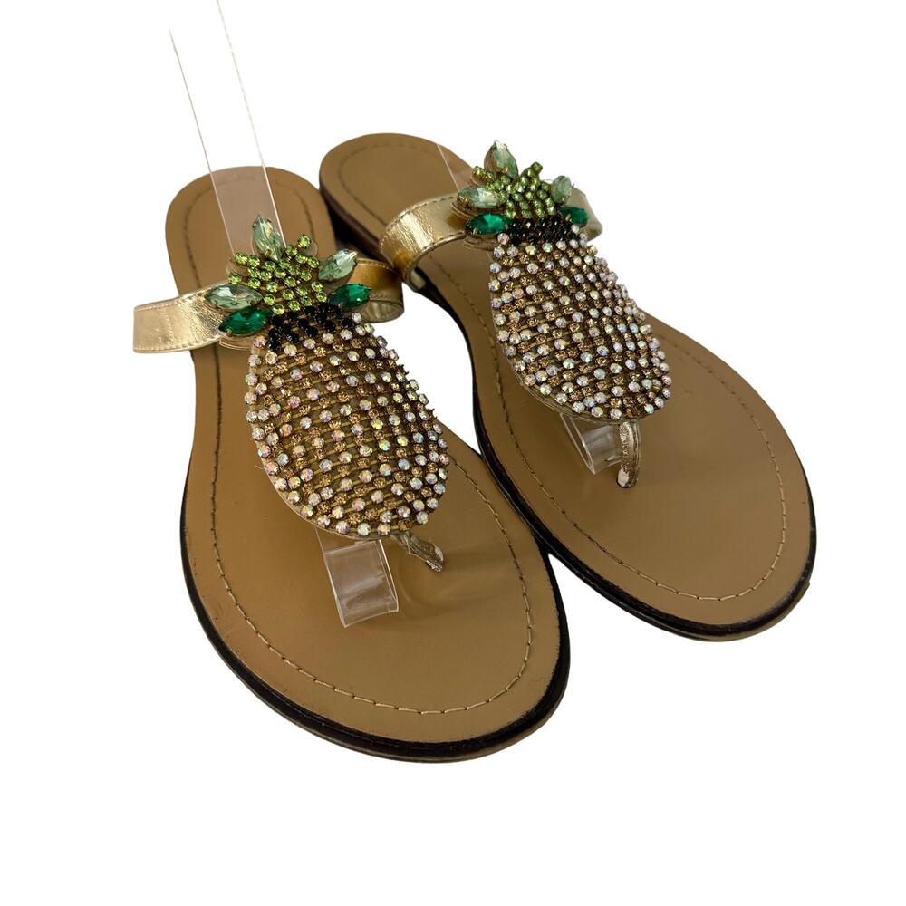 MADELINE STUART Flat Sandal Womens 7.5 Pineapple Rhinestones Embellished Brown